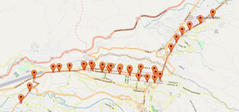 Figura 1. Mapa ruta 2 y3 Megabus (Pereira - Risaralda). Elaboración propia con Open Street Maps (OSM)