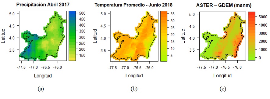 (a). Precipitación acumulada mensual desde CHIRPS (mm/mes). (b). Temperatura promedio mensual desde MODIS LTS (°C/mes). (c). Modelo digital de elevaciones desde ASTER (msnm).