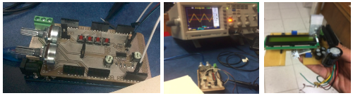 A) PCB para generador de señales, B) Generador de señales y muestra en oscilosco- pio, C) elevador de voltaje y regulador de corriente con pantalla LCD.